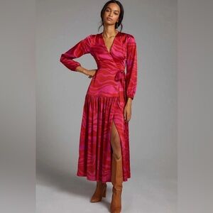 Anthropologie Dress Womens XS Hutch Ciara Wrap Maxi Zebra Striped Pink Red